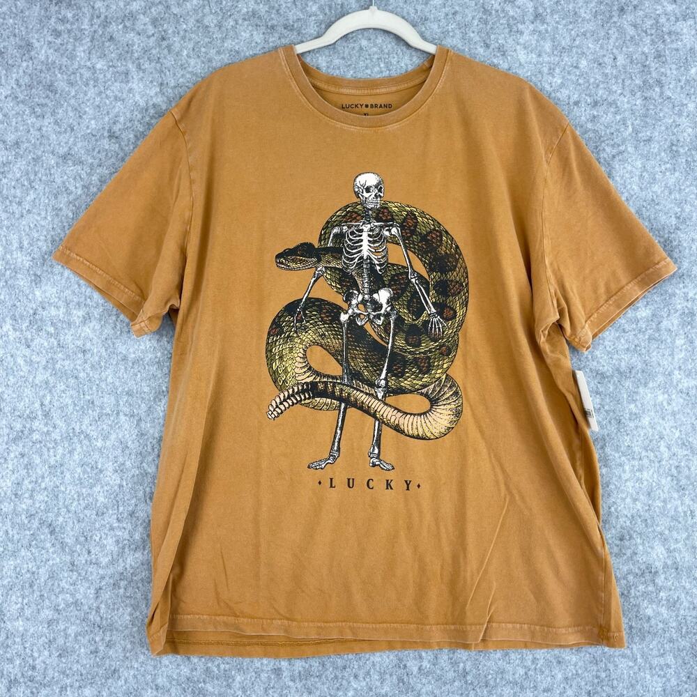 Lucky Brand Live Fast T‎ Shirt Mens XL Brown Skeleton Snake Graphics Casual NEW